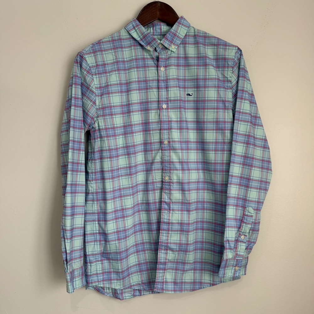 VINEYARD VINES Boys XL 18 Blue Green Pink Plaid OTG Performance Button Up Shirt